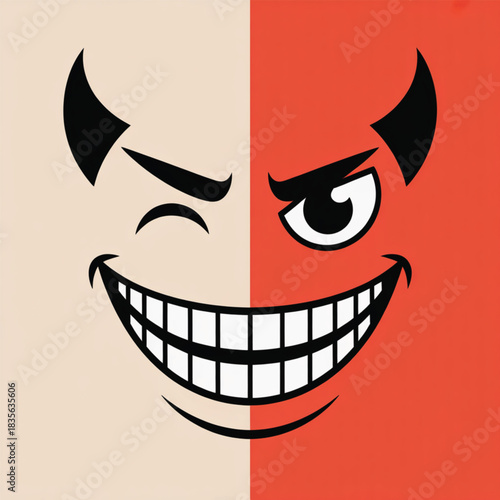 Split face with devil horns and contrasting expressions Keywords: devil, face, split, half and