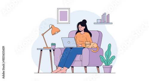 Relaxed young woman working or studying from home on a laptop, sitting in a comfy chair with her cat in a modern interior setting.