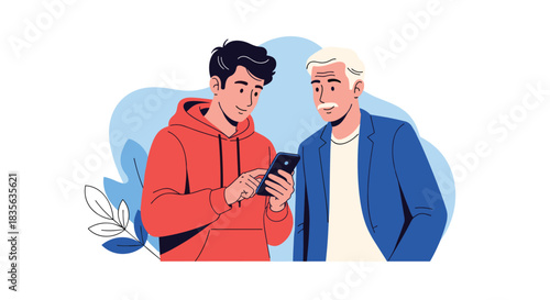 Young man patiently showing an elderly man how to use a smartphone, illustrating intergenerational help, technology, and learning.
