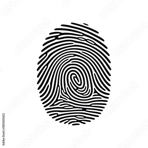 A detailed black and white illustration of a human fingerprint pattern