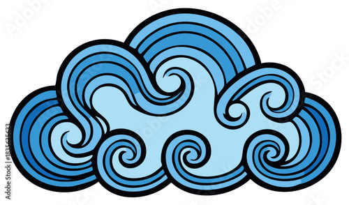 Ornate blue cloud symbol with traditional Asian inspired swirling wave patterns vector illustration