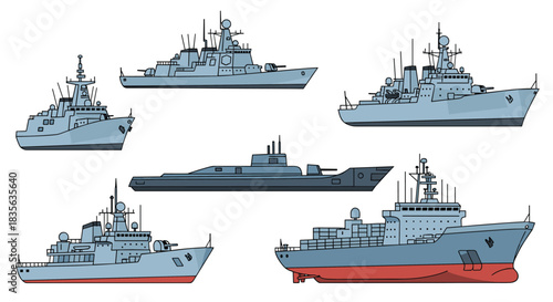Collection of various modern military naval ships, including a destroyer, frigate, submarine, and supply vessel, shown in side view.