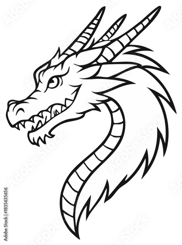 Powerful mythical oriental dragon head detailed line art illustration with fierce expression