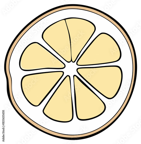 Sliced Lemon Fruit with Black Outlines and Beige Outer Ring. A Botanical Illustration.