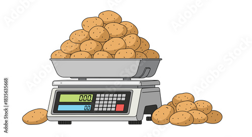 Large pile of fresh brown potatoes being weighed on a commercial digital scale at a grocery store or market, isolated illustration.