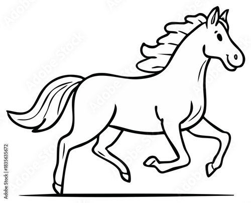 Running horse outline illustration, black and white drawing of a horse in motion, simple animal clip art
