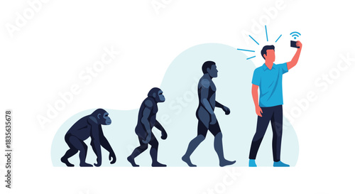 Humorous illustration depicting the evolution of man from ape to modern human, ending with a man obsessed with taking a selfie.