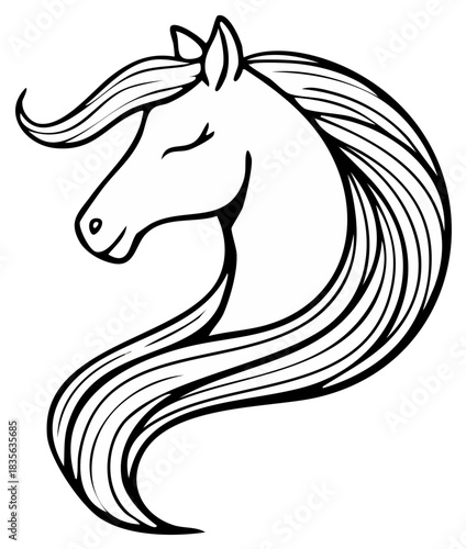 Elegant horse head with flowing mane black and white line art illustration