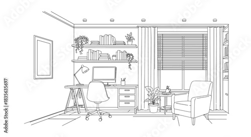 Detailed black and white line-art sketch of a modern home office interior with a desk, computer, chair, and bookshelves by a window.