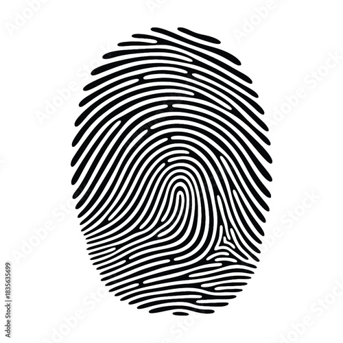 A detailed black and white illustration of a human fingerprint pattern