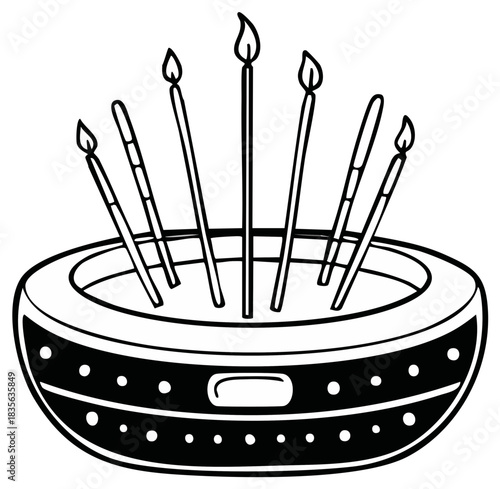 Incense Sticks Burning in a Decorative Bowl Isolated on White Background, Ritual and Meditation