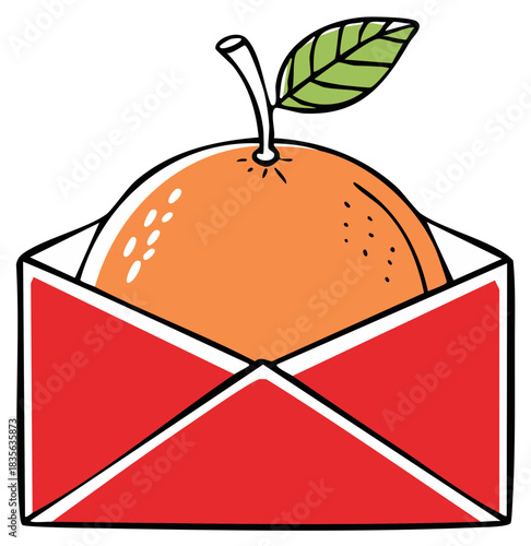 Fresh Delivery an orange cartoon with leaf peeking out of red envelope offering a cheerful, nutritious mail surprise for online promotion