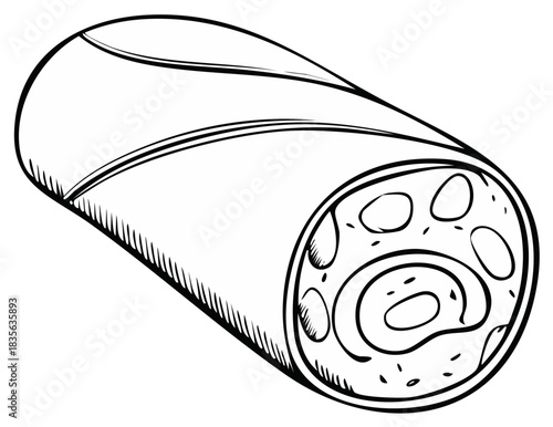 Sweet dessert Swiss roll cake with creamy filling black and white line art