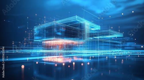 Fototapeta Naklejka Na Ścianę i Meble -  Digital Blueprint of a Futuristic Building with Glowing Lights Image