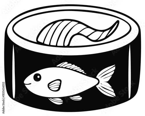 Open can of fish with fillet inside black and white vector illustration for food packaging