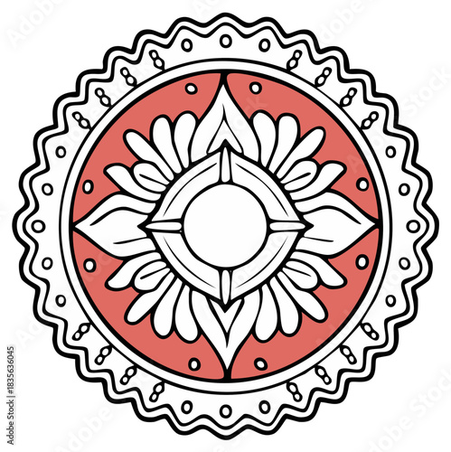 Symmetrical flower mandala in white lines on light red geometric background with dotted wavy border