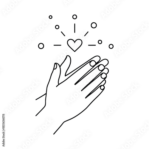 Hands clapping with a heart above simple line art illustration