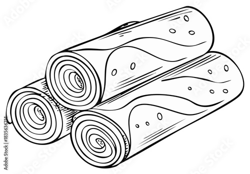 Hand drawn black and white line art illustration of three stacked rolled pancakes or crepes