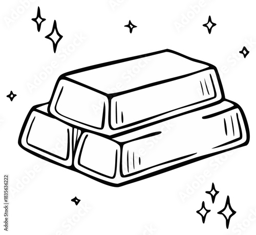 Hand drawn gold bars and stars outline, treasure wealth monochrome line art, finance investment