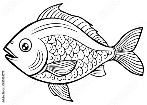 Artistic line drawing of a stylized fish with decorative scales and fins