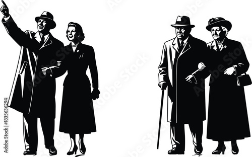 Vintage silhouettes of elegant couples walking together, dressed in retro clothing, representing romance, companionship, nostalgia, classic fashion, old-style relationships and timeless charm