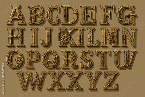 Design alphabet letters typography mechanical metal steampunk retro icon vector art