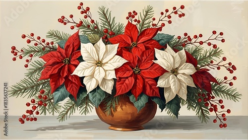 Vibrant oil painting with Christmas red and white Poinsettia flowers bouquet, evergreen branches and red berries