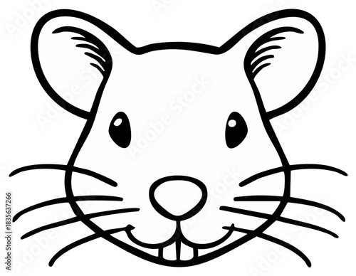 Simple black and white line art of a cute smiling mouse face for a coloring page