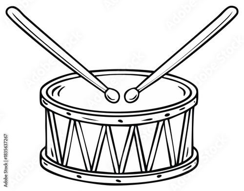 Cartoon Drum and Drumsticks Line Art Illustration for Coloring Book Design