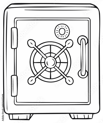 Simple cartoon illustration of a security safe with a dial and handle