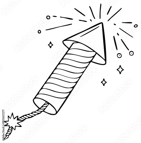 Hand drawn black and white outline of a rocket firework launching upwards with sparks and stars