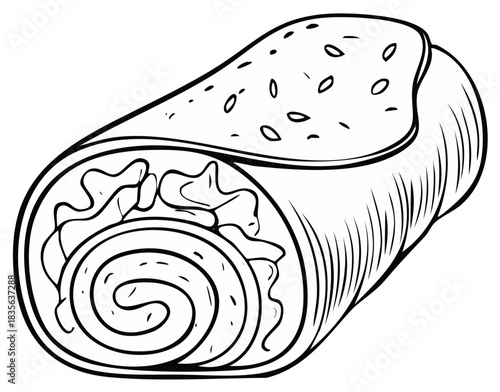 Outline of a wrapped sandwich showing fillings and outer layer with seeds on top