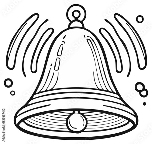 Ringing Bell Hand Drawn Illustration: Black and white sketch of a clanging bell creating sound waves for design projects.
