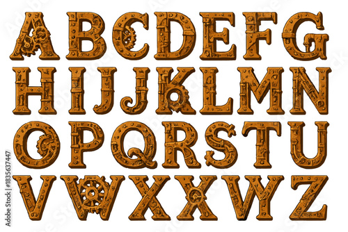 Vector alphabet vintage icon steampunk art metallic letters copper retro technology design