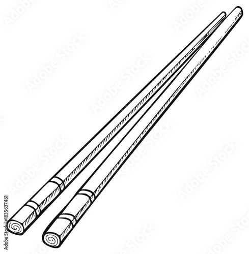 Hand drawn pair of traditional Asian chopsticks line art illustration
