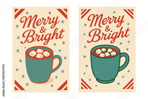 Merry & Bright - Hot Cocoa Christmas Card Design with Marshmallows