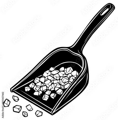 Vector illustration of a black scoop holding small textured pieces with some spilling out