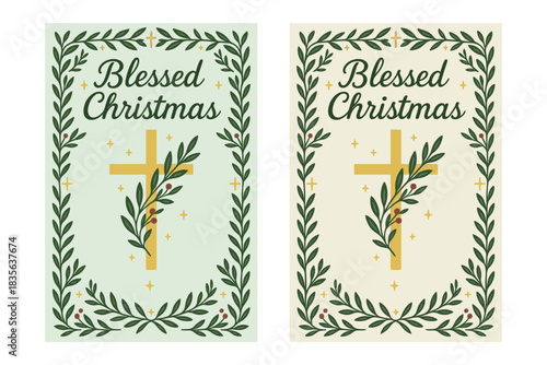 Blessed Christmas - Religious Holiday Card with Cross and Olive Branches