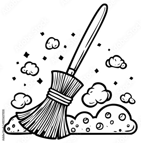 Simple line art cartoon drawing of a household broom actively sweeping dust and dirt particles for cleaning housework
