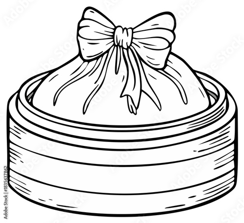 Steamed dumpling in bamboo steamer with bow, hand-drawn illustration.