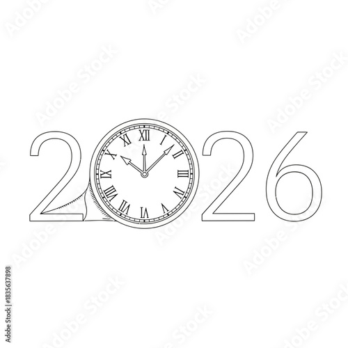 Stylized outline of the year 2026 with a vintage clock face replacing the zero numeral silhouette