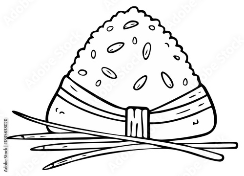Stylized black and white illustration of a triangular rice ball with seeds and chopsticks