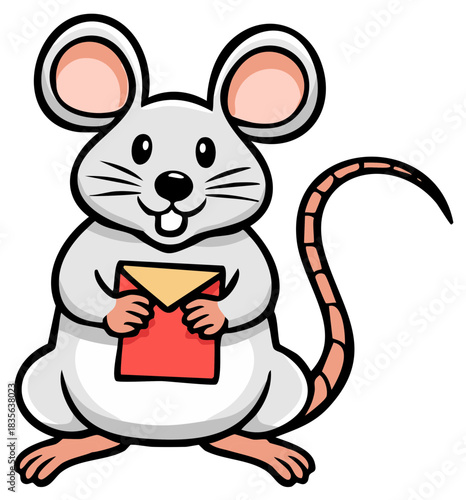 Adorable Grey Cartoon Mouse Character Holding a Red Envelope Delivering a Secret Message