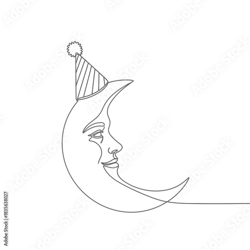 Whimsical crescent moon with a human face profile wearing a festive party hat in a continuous line drawing silhouette style
