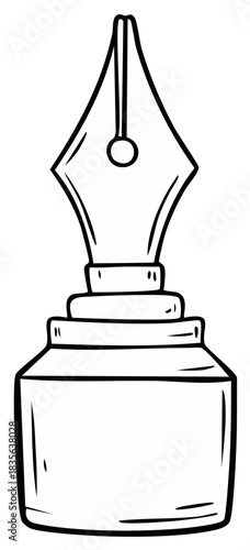 Black and white inkwell and calligraphy pen illustration on white background, writing concept.