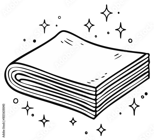 Clean towels with star sparkles, vector illustration. Outline drawing, hand drawn style. Cleaning concept