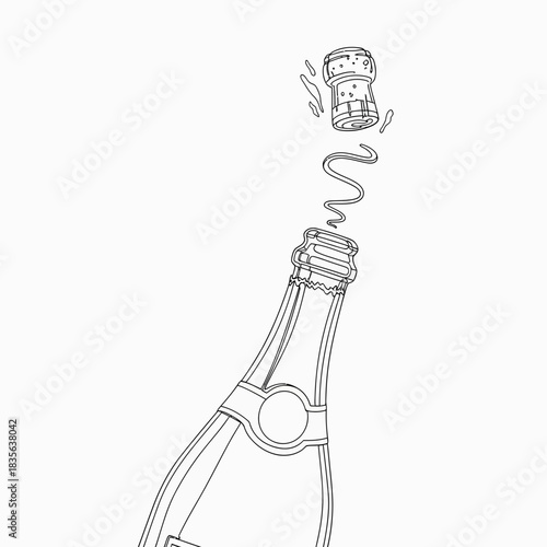 A celebratory champagne bottle with its cork popping open releasing bubbles and foam in a dynamic line art silhouette