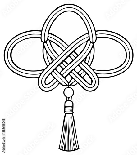 Traditional Asian decorative good luck knot with tassel vector line art illustration
