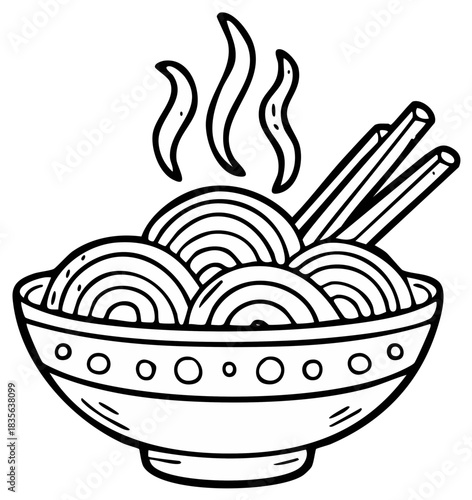 Bowl of noodles with chopsticks and steam, outlined illustration.
