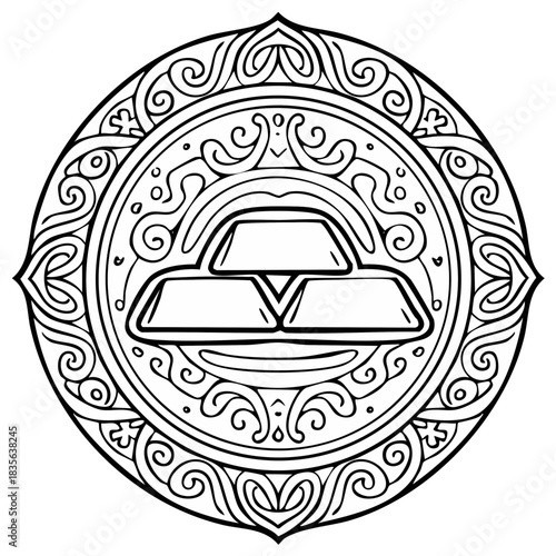 Ornate Medallion with Gold Ingots, Black and White Line Art for Coloring Page